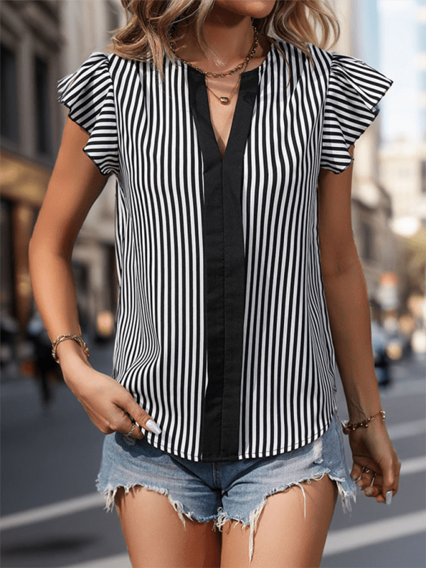 New contrasting color vertical stripe ruffle sleeve pullover shirt - Top